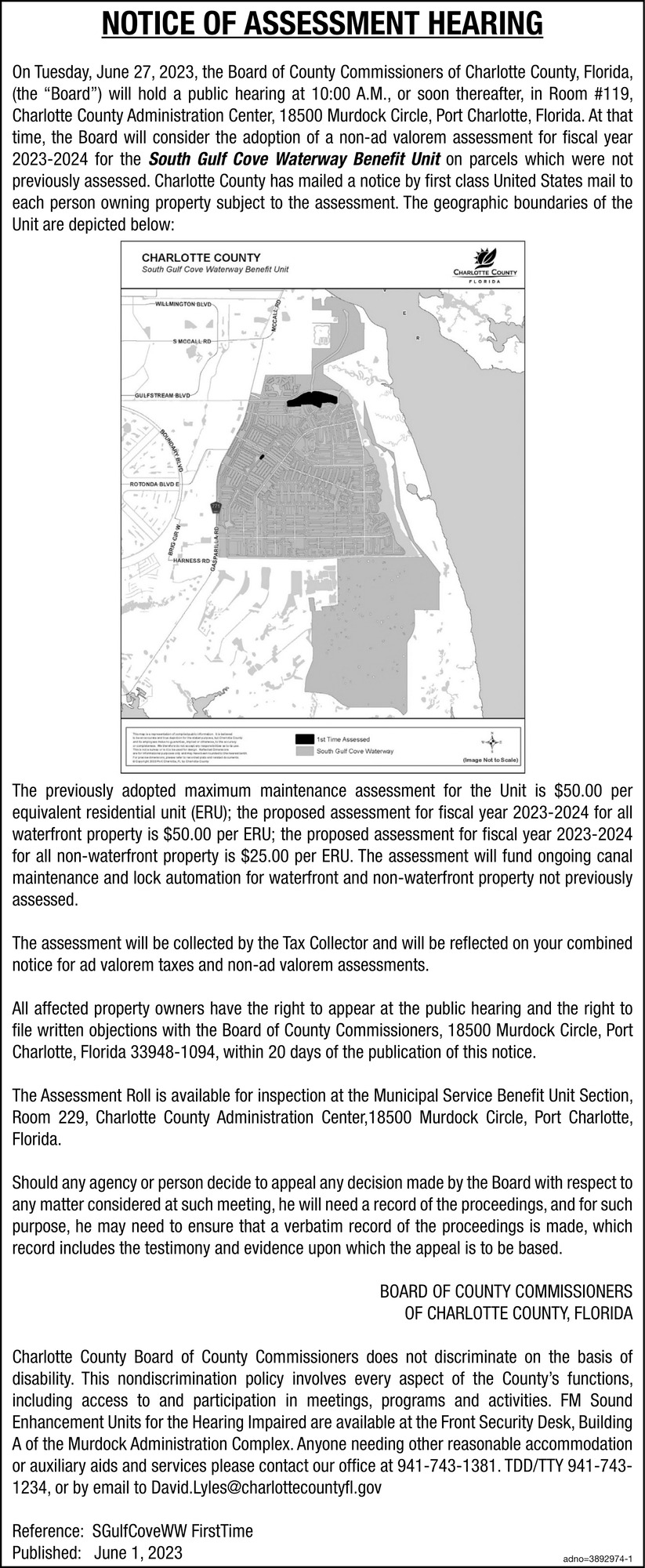 Notice of Assessment Hearing, Charlotte County Board Of County